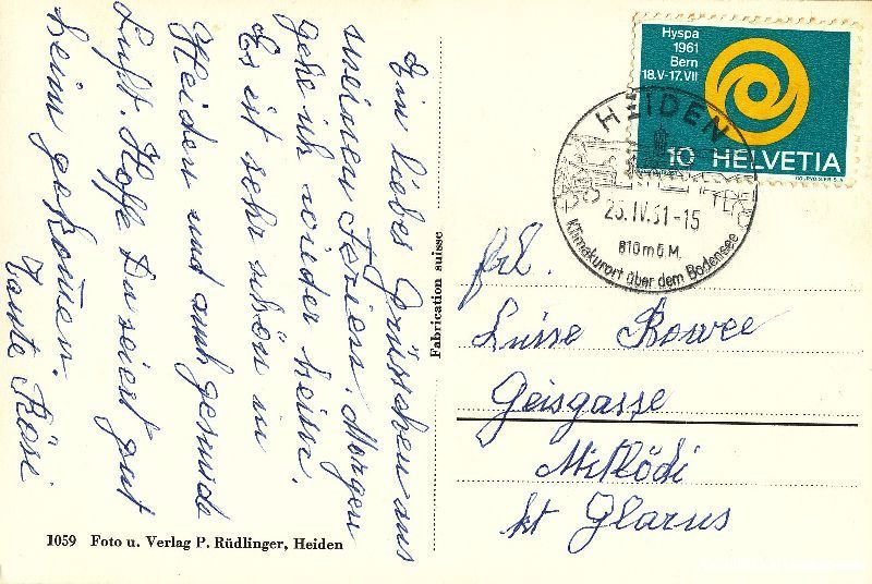 Cartoline postali: Heiden - Klimakurort + 1961 – Usato da Emmenbrücke venduto da teestube 1