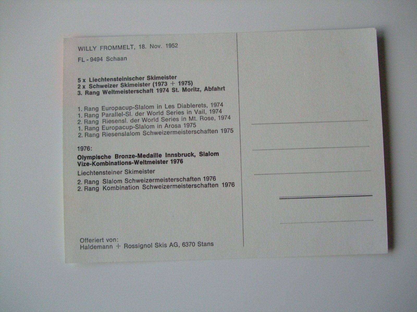 Autografi: WILLI FROMMELT (LIE) SKISTAR AUTOGRAMMKARTE – Usato da Schachen b. Reute venduto da Dzestar 1