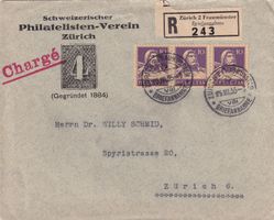 Dreierstreifen Tell Nr.184 auf R.Brief von Zürich.