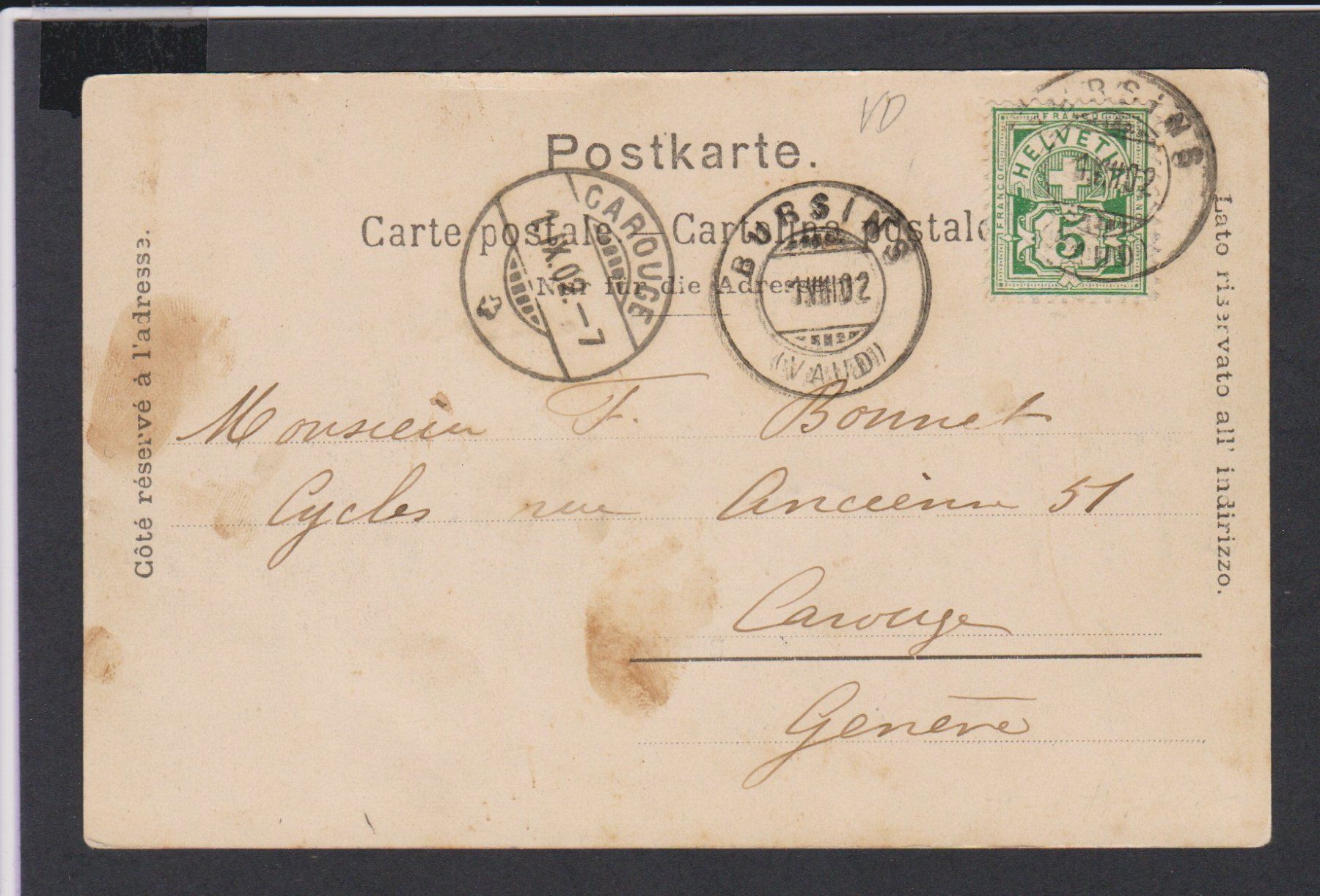 Cartoline postali: Bursins  VD   -   alte Ansichtskarte gestempelt 1902 – Usato da Vitznau venduto da Ropaku 1