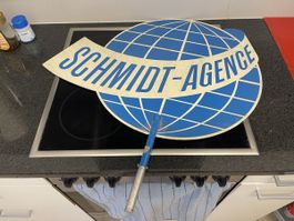 Schild SCHMIDT-AGENCE Globus weiss blau 70er Jahre