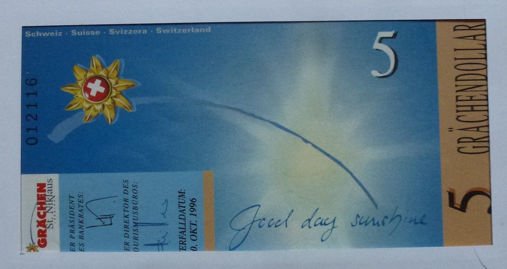 Banconote: Banknotenbrief  Schweiz - Walliser Grächendollar – Usato da Walkringen venduto da Casablanca777 2