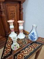 Porzellan Set 3 Kerzenständer und kleine Vase Handbemalt