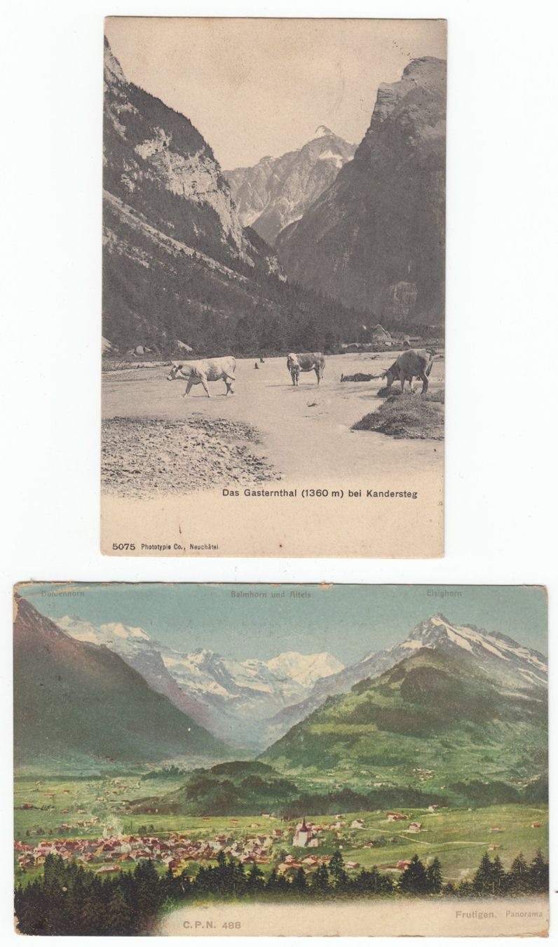 Cartoline postali: Frutigen / Kandersteg - zwei Ansichtskarten aus 1908 – Usato da Beringen venduto da Goeppeli