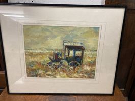 Tableau ancien - diligence dans la campagne 52x42cm