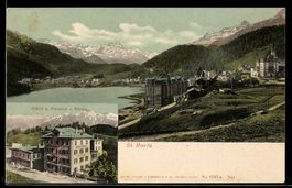 AK St. Moritz, Hôtel u. Pension z. Bären, Panorama mit See u