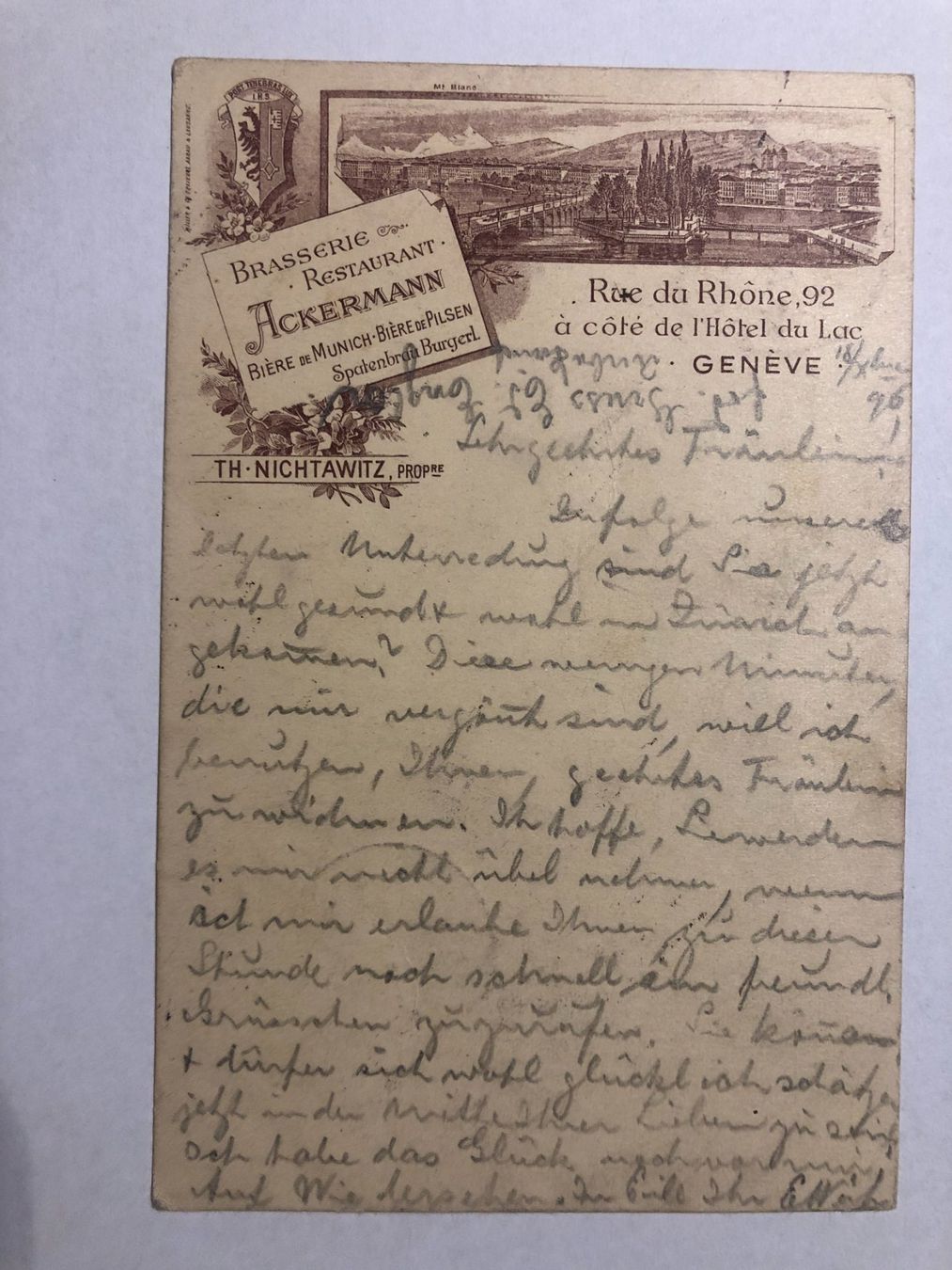 Ansichtskarten: Brasserie Restaurant Ackermann Geneve  1896 Vorläufer – Gebraucht aus Pfäffikon ZH von Waltoversand