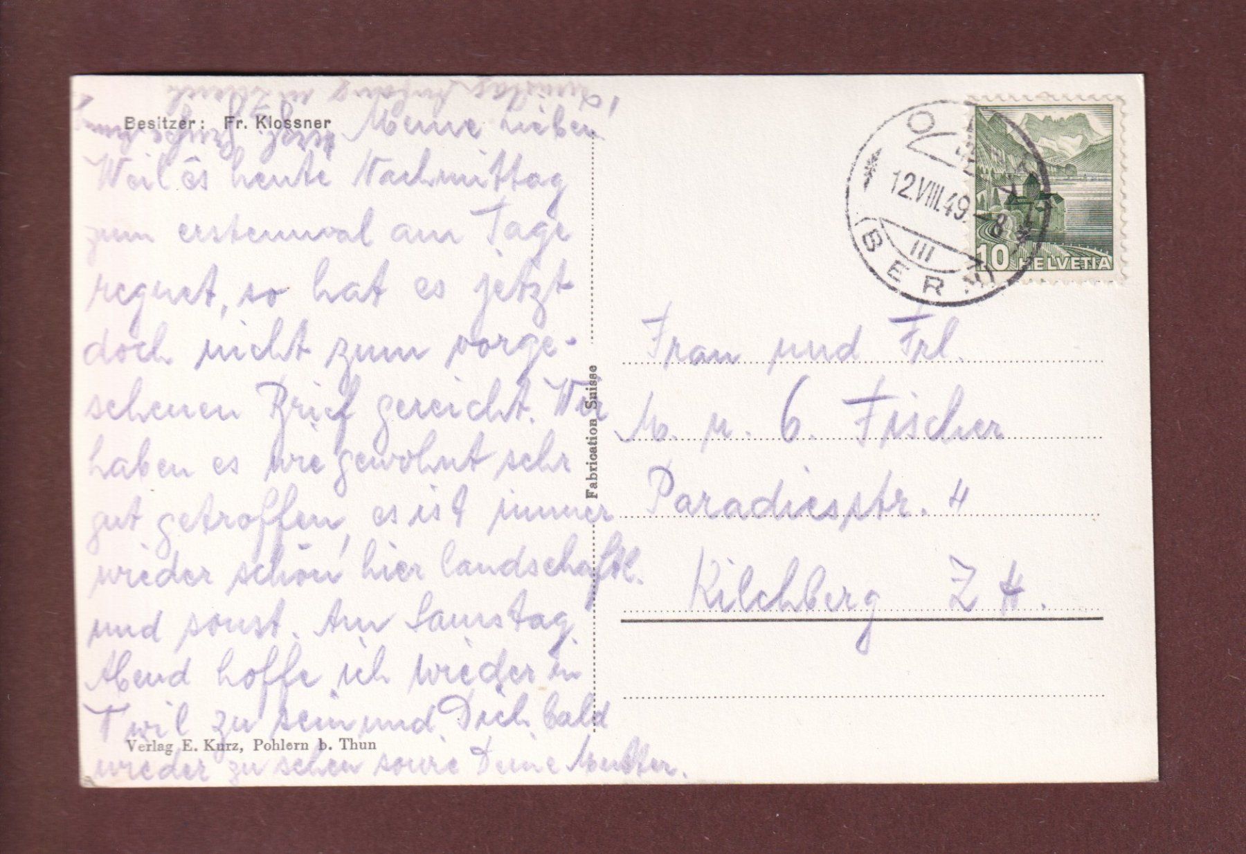 Cartoline postali: Schwenden - TIERMATTI - Wirtschaft - 1949 – Usato da Pully venduto da nicecards 1
