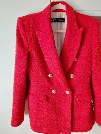Blazer Zara doppiopetto in tessuto bouclé rosso tg S