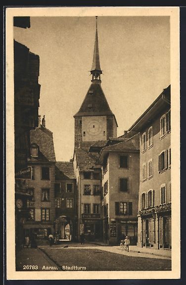 Cartoline postali: AK Aarau, Stadtturm mit Geschäften – Usato da Berlin venduto da bartko-reher
