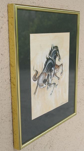 Gemälde: signiertes gerahmtes Aquarell Pferde – Gebraucht aus Meggen von Trouvaillen 1