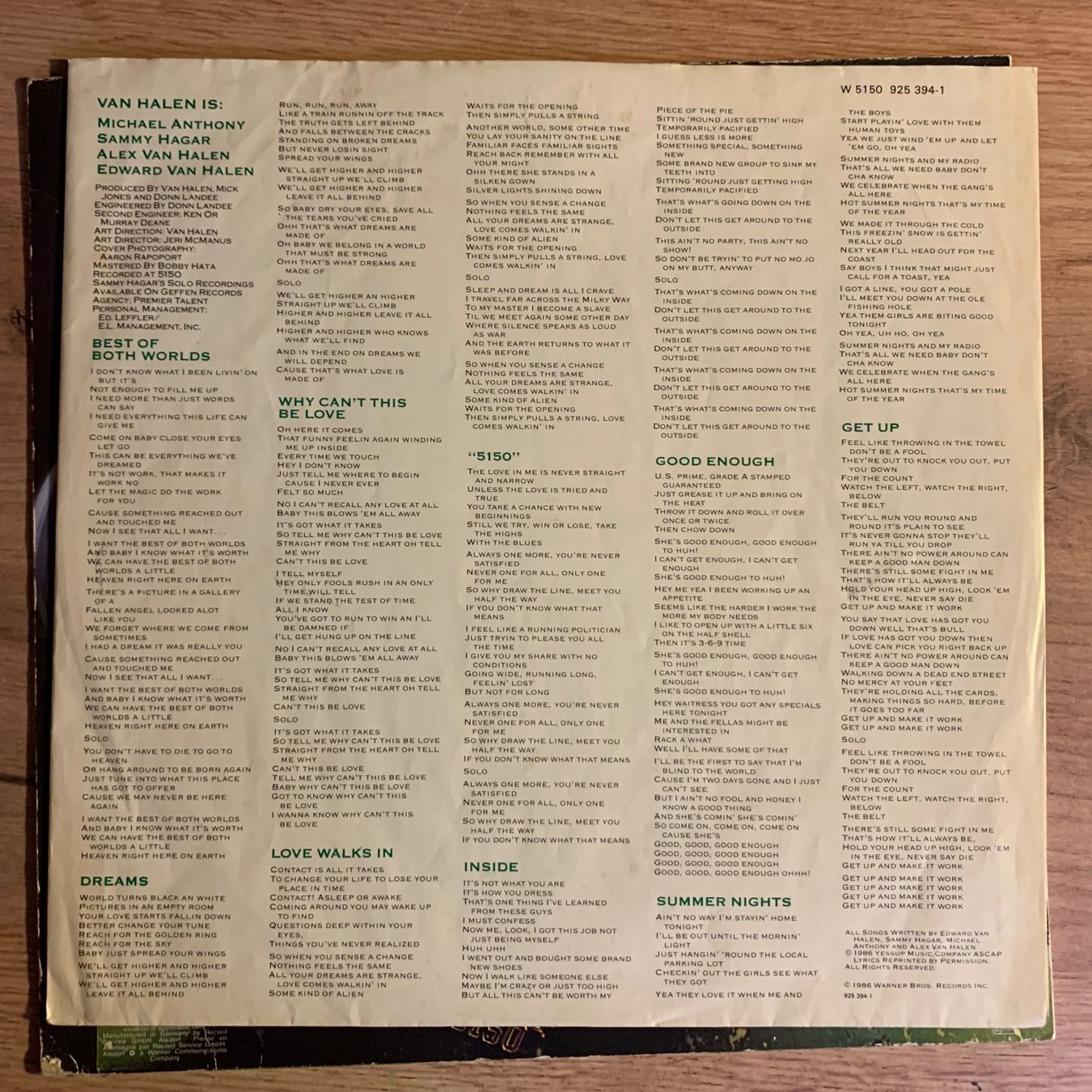 Schallplatten: VAN HALEN - 5150...OG EU 1986...VG+/VG+ – Gebraucht aus Gals von Diskopat 2