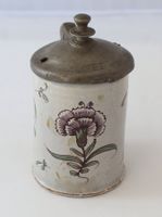 Kleiner süddeutscher Fayence Walzenkrug mit Zinndeckel 1800