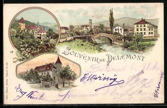 Cartoline postali: Litho Delemont, Ortspartien mit Gebäude – Usato da Berlin venduto da bartko-reher