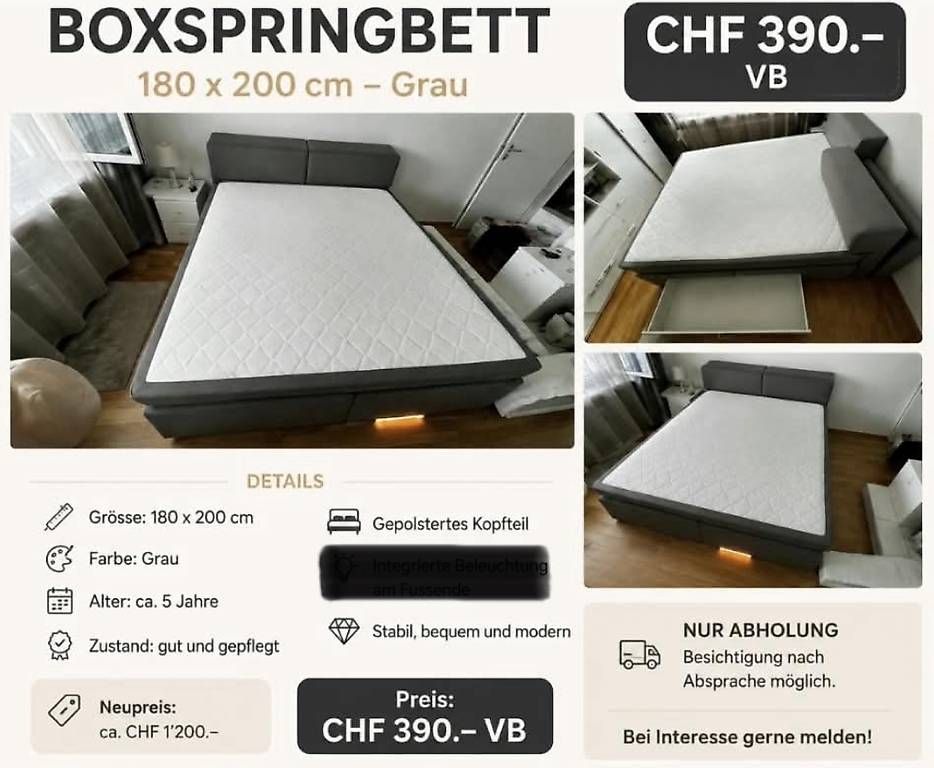 Letti: BOXSPRINGBETT 180 × 200 cm - Grau – Usato da Binningen venduto da Xen_2gn5 3