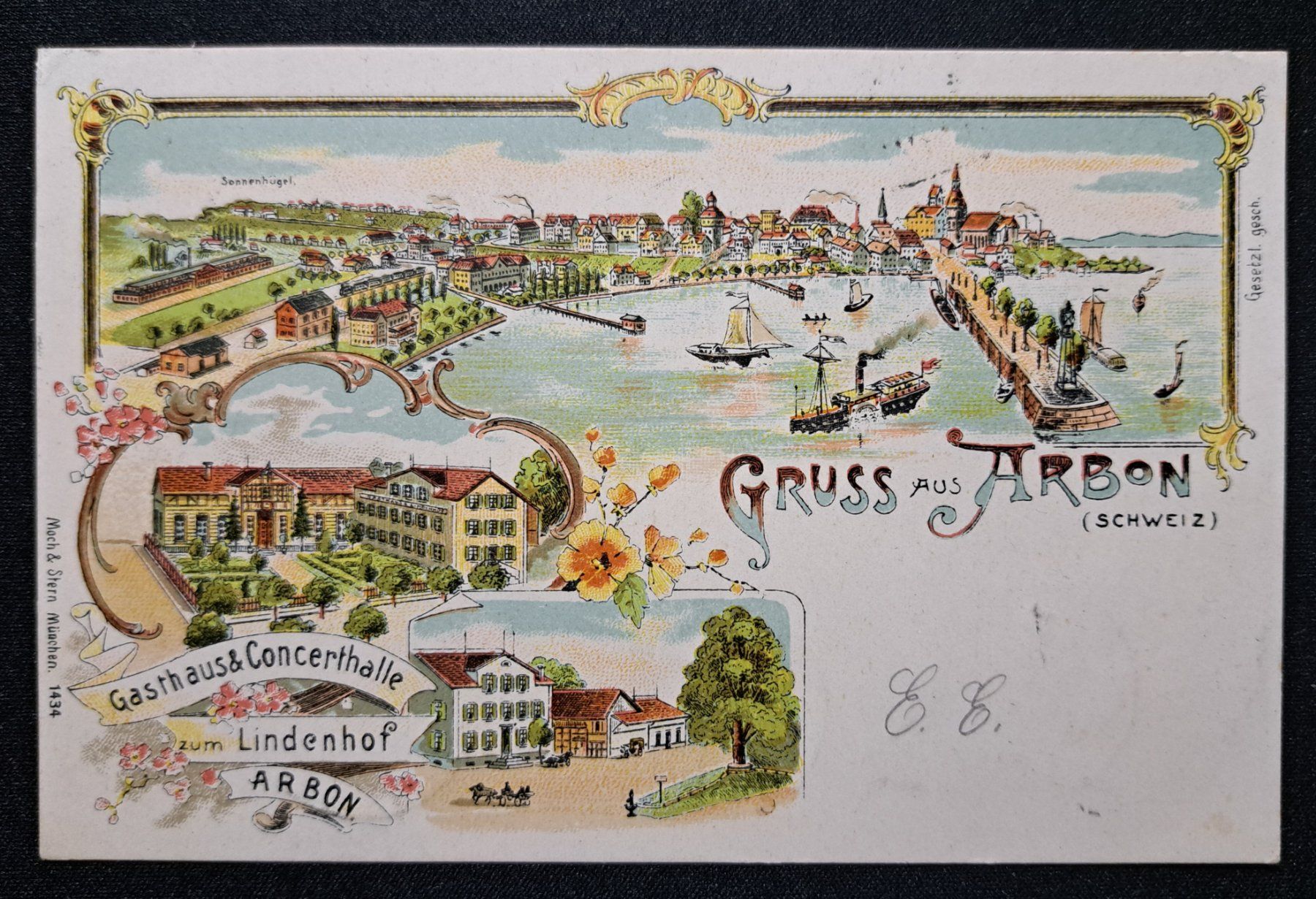 Grafiken & Lithographien: Farbige Litho Arbon mit drei Sujets 1902 – Gebraucht aus Unterägeri von PhilatelieStudiger