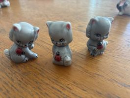 Katzefiguren mit Marienkäfer Keramik 3er Set Vintage
