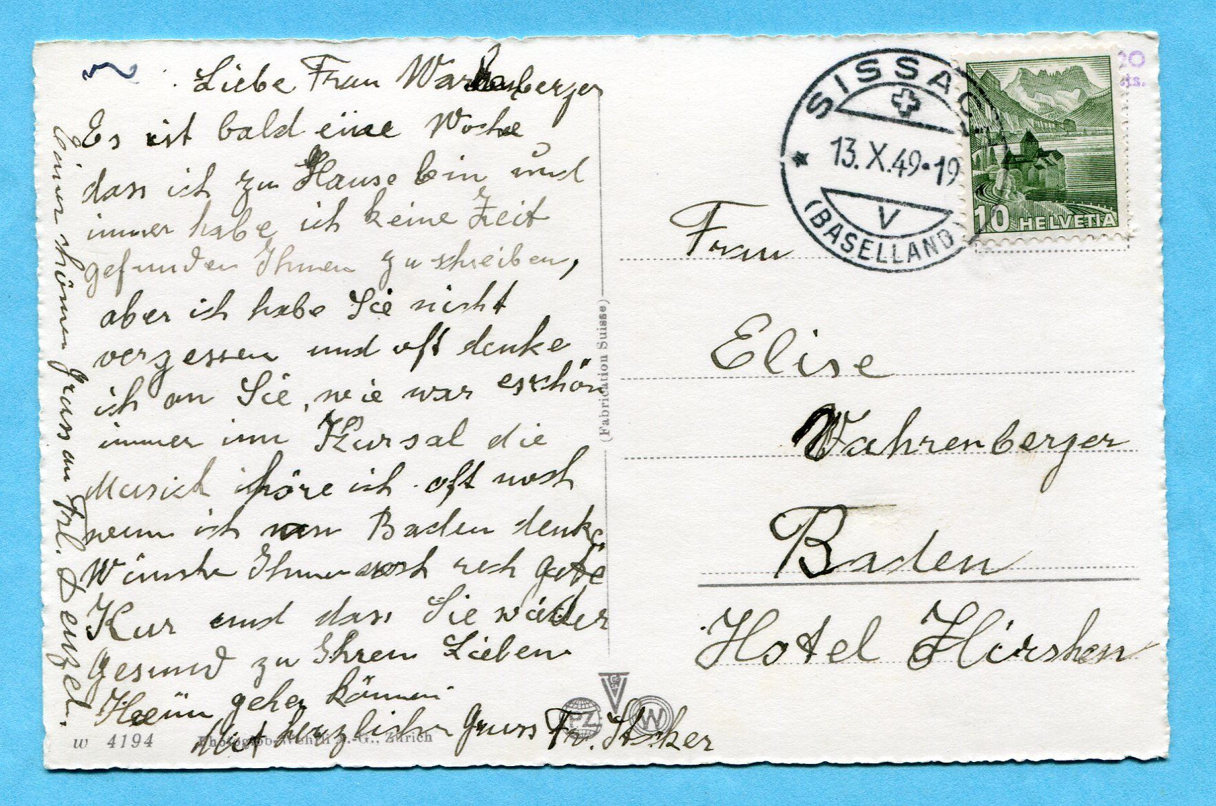 Cartoline postali: Sissach 1949 – Usato da Opfikon venduto da cleocat-vb 1