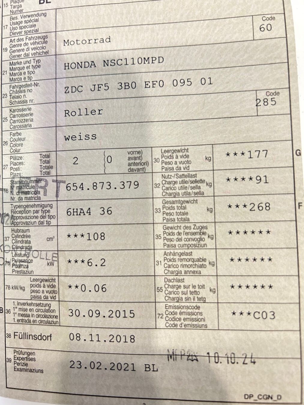 Honda Scooter: Honda NSC 110 MPD – Usato da Bättwil venduto da paul74 9