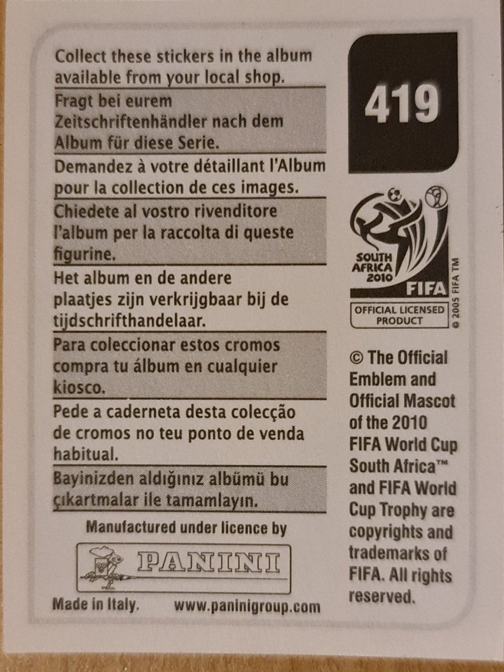 Panini Carte collezionabili: Panini WM 2010 Nr. 419 – Nuovo (secondo la descrizione) da Dintikon venduto da Prime-shop 1