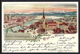 Litho Zürich, See mit Schneebergen