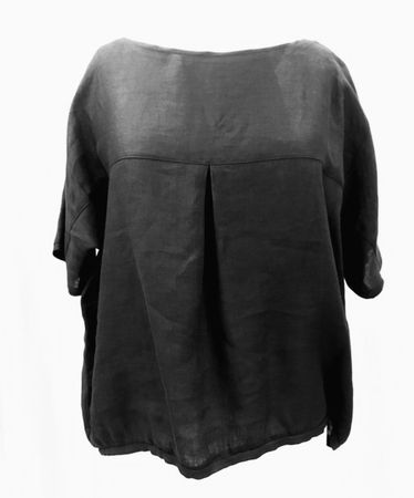 Piu & Piu Leinen Bluse Kurzarm kastig Rundhals schwarz Gr 38