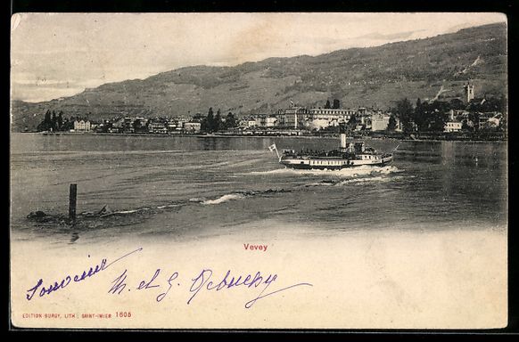 Cartoline postali: Vevey, Panorama du lac avec bateau à va – Usato da Berlin venduto da bartko-reher