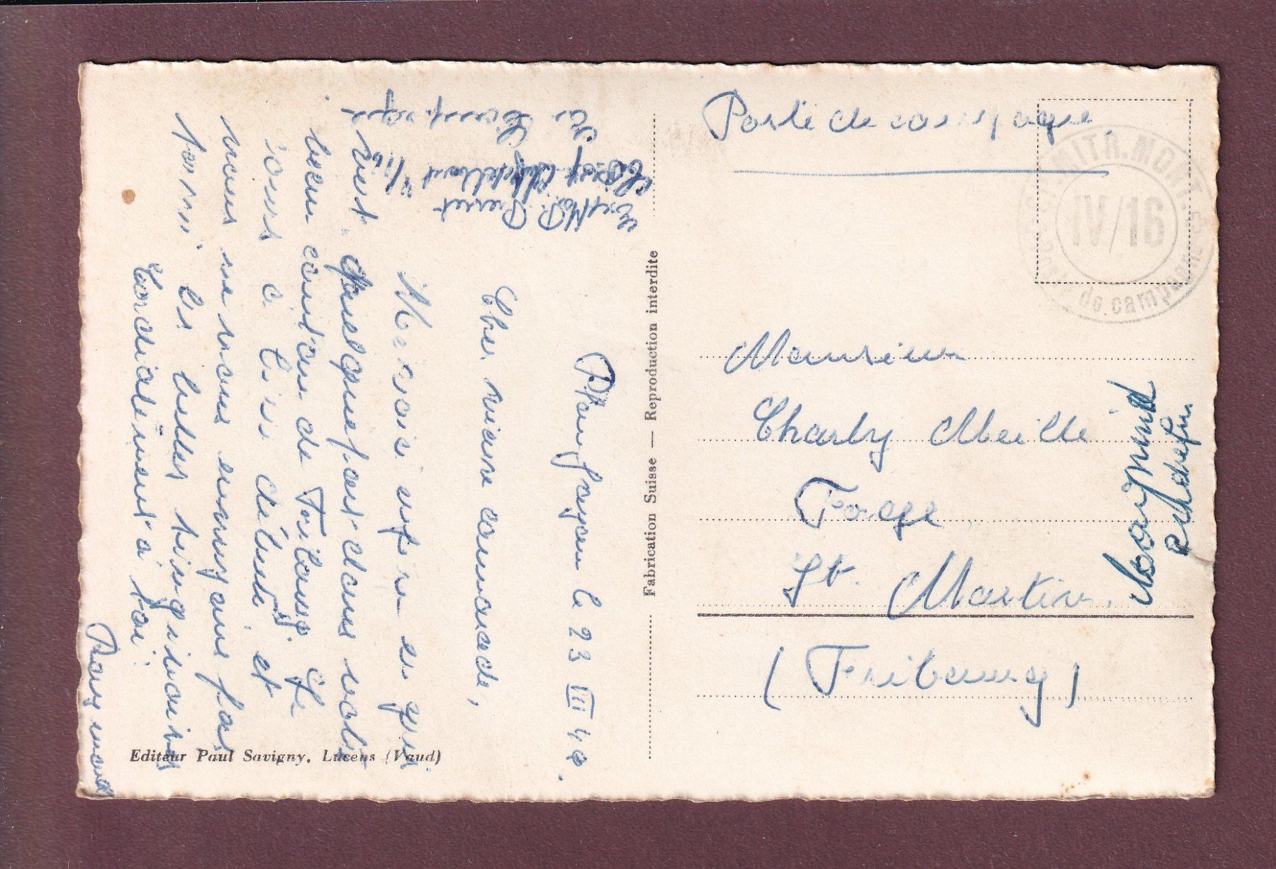 Ansichtskarten: PLAFFEIEN / PLANFAYON - Generalansicht - 1949 Feldpost – Gebraucht aus Pully von nicecards 1