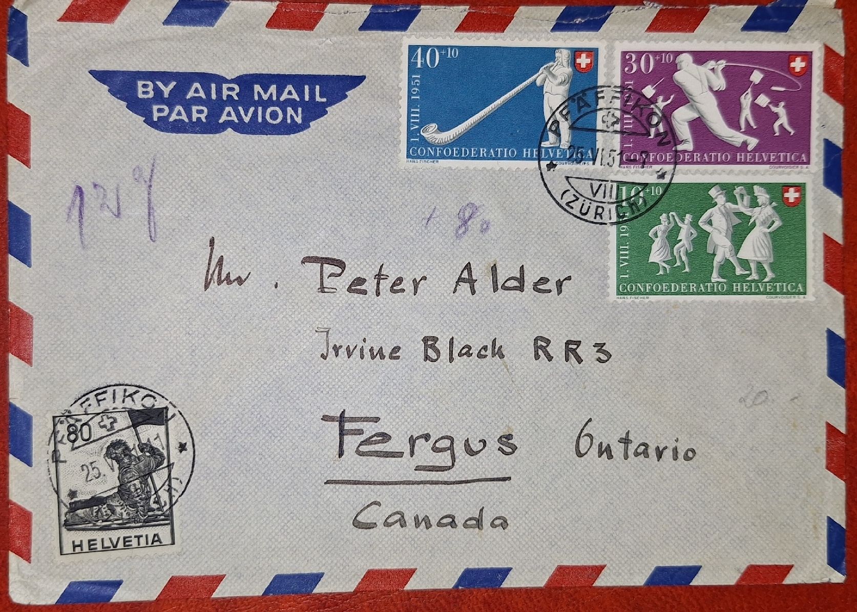 Alle Briefmarken: Pro Patria 1951 Flugpostbrief Pfäffikon / Kanada – Gebraucht aus Balgach von SIMEON27