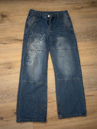 Damen Wide-Leg Jeans mit floralem Print – Blau – Grösse S