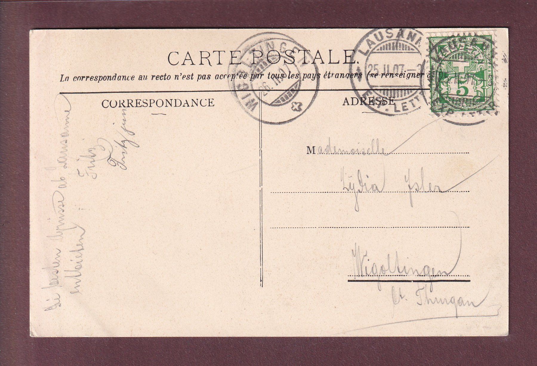 Ansichtskarten: LAUSANNE en hiver - 1907 – Gebraucht aus Pully von nicecards 1