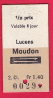 KARTON BILLETT, LUCENS - MOUDON, 2.KLASSE, RETOUR, HALBTAX