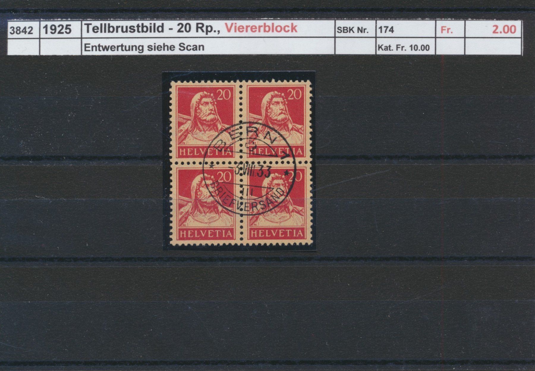 Tous les timbres: 1925 "Tellbrustbild - 20 Rp.", Viererblock, gestempelt – D'occasion à Winterthur par Zupogeru