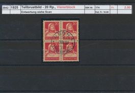 1925 "Tellbrustbild - 20 Rp.", Viererblock, gestempelt