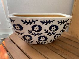 Tonvase/ Deko Schüssel weiss mit blauen Blumen