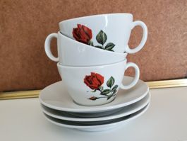 3 tasses à café avec soucoupes Langenthal motif roses rouges