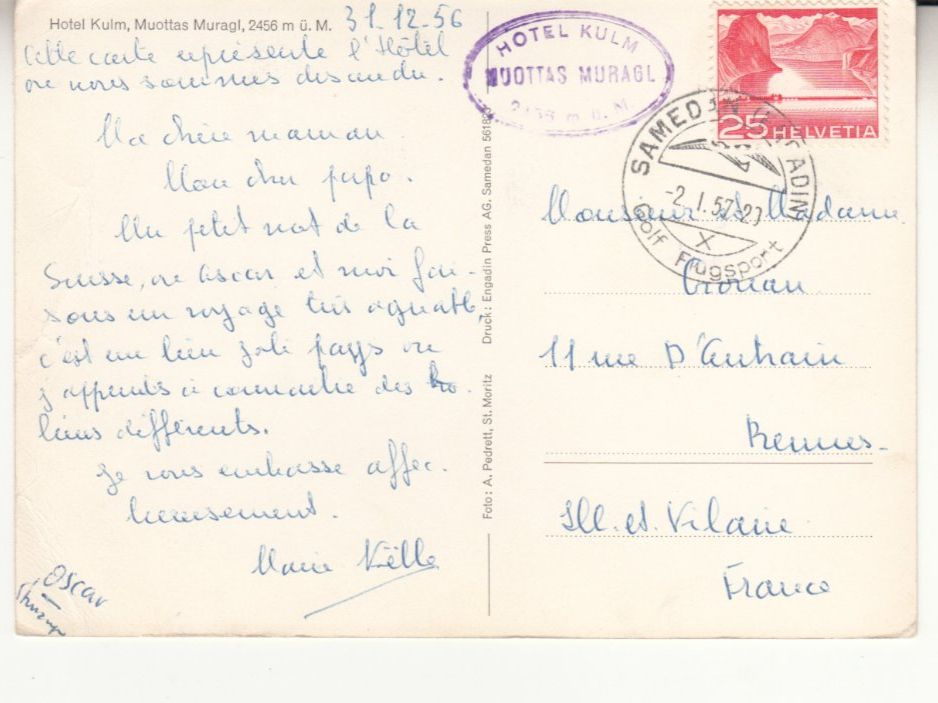 Cartoline postali: Muottas Muragl Kulm 1957 – Usato da Bürglen TG venduto da StampGraf 1