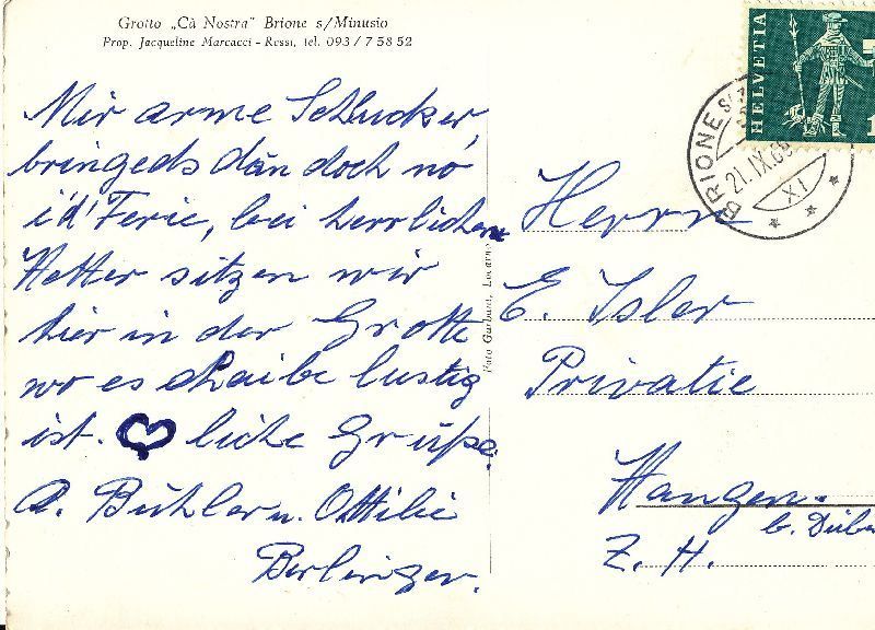 Cartoline postali: Brione - s/Minusio Grotto + 1966 – Usato da Emmenbrücke venduto da teestube 1