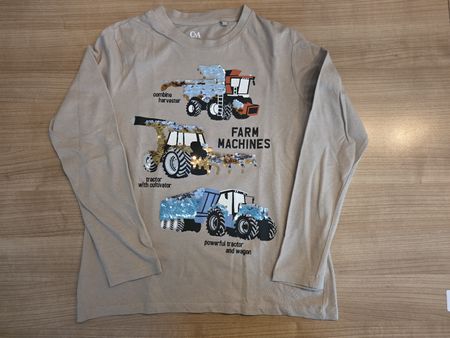 Langarmshirt Junge, Motiv Traktor Pailletten, beige Gr. 140