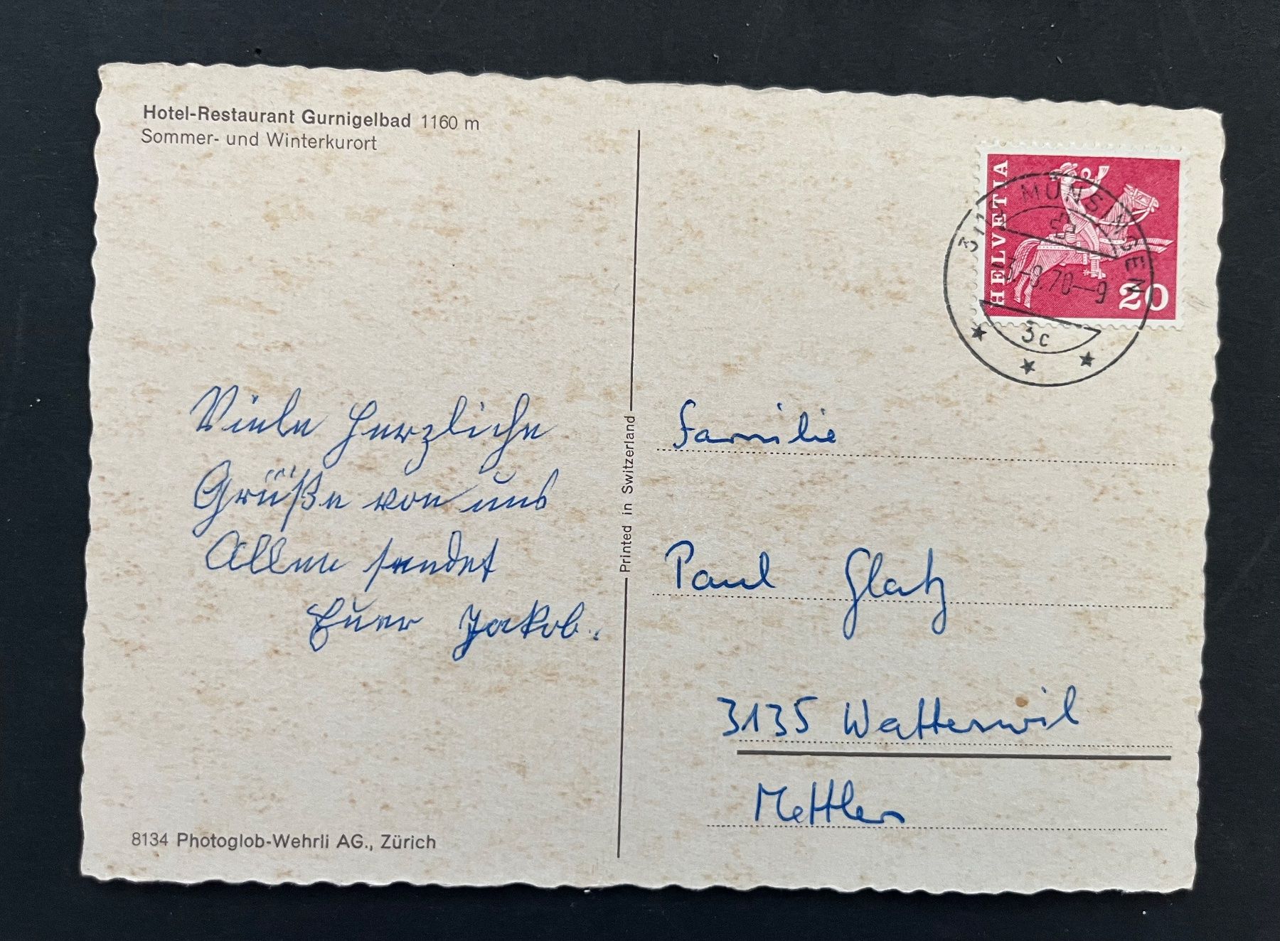Cartoline postali: Hotel-Restaurant Gurnigelbad , ca. 1970 – Usato da Ostermundigen venduto da DaxKarten-75 1