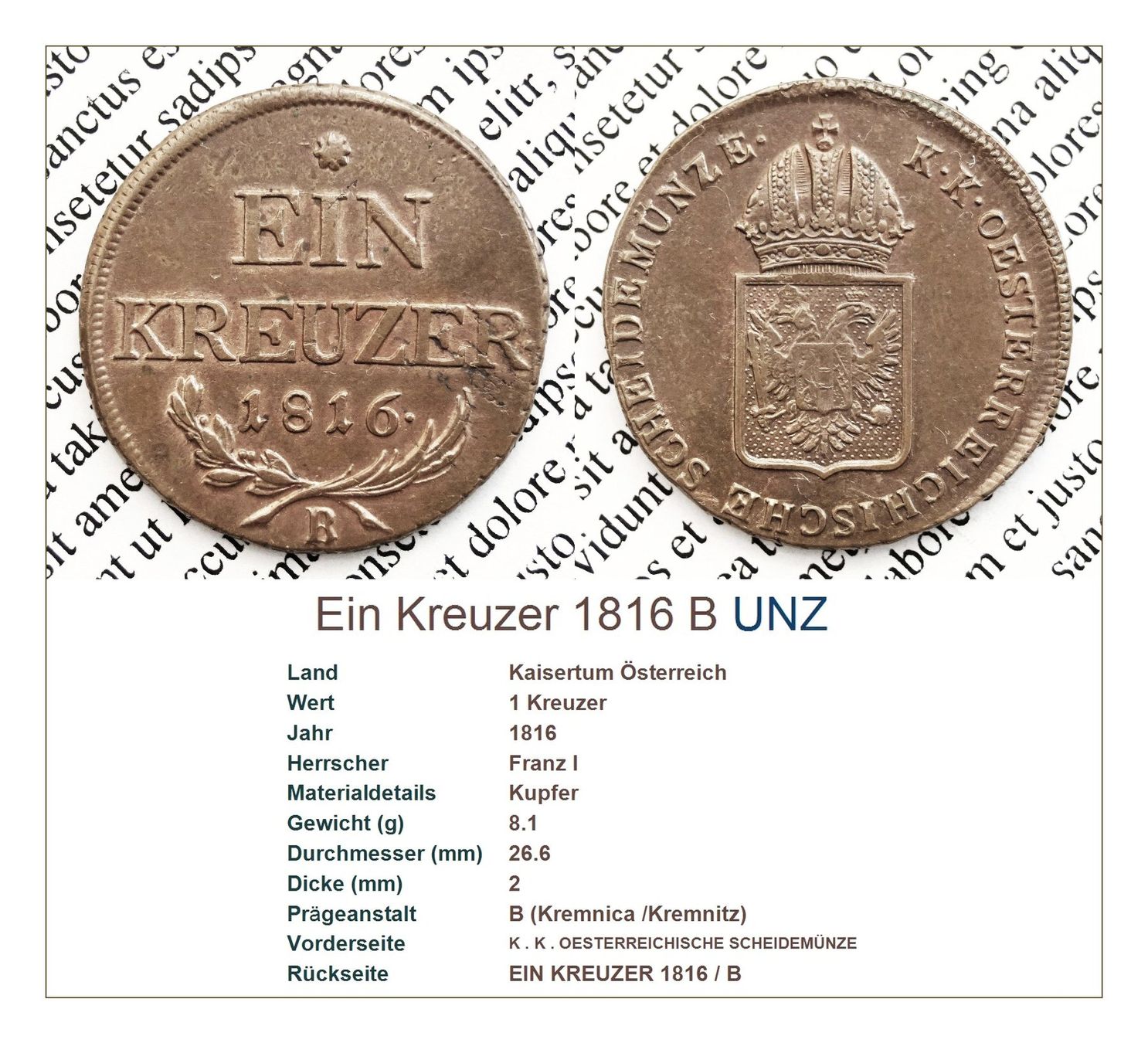 Tutti le monete: Ein Kreuzer 1816 B UNZ – Usato da Flamatt venduto da samowarow