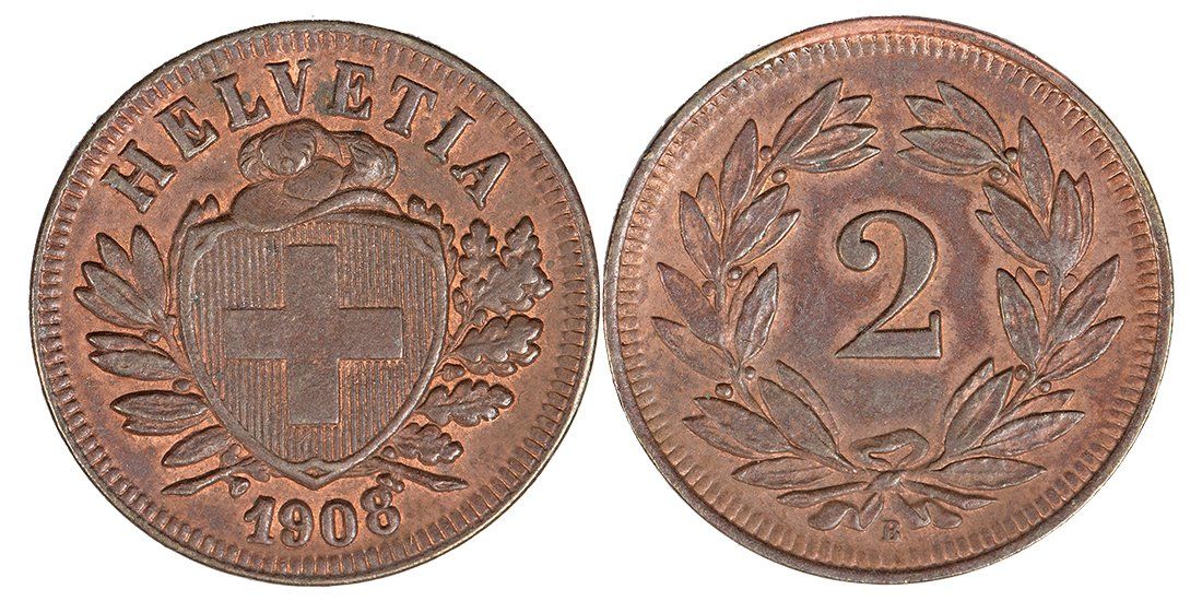 Tutti le monete: 2 Rappen von 1908 (unzirkuliert) – Nuovo (secondo la descrizione) da Schmidrüti venduto da Jamesdeal