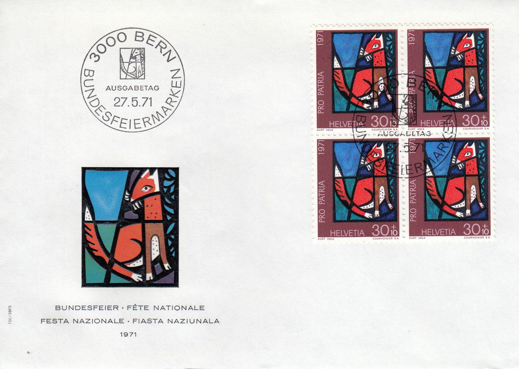 Tutti i francobolli: 1971 Pro Patria 4 FDC 4-er Block Glasgemälde – Usato da Spreitenbach venduto da Mustang_1105 2