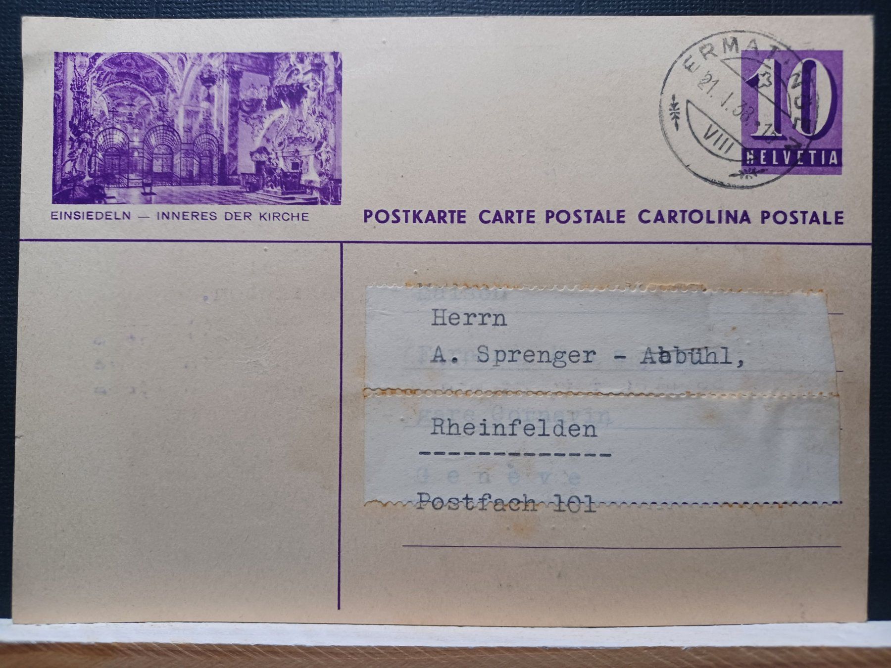 Tutti i francobolli: Bildpostkarte Einsiedeln, Inneres der Kirche 1938 – Usato da Aarau Rohr venduto da mgvw