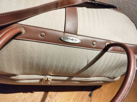 valise Samsonite beige cuir et textile très bon état