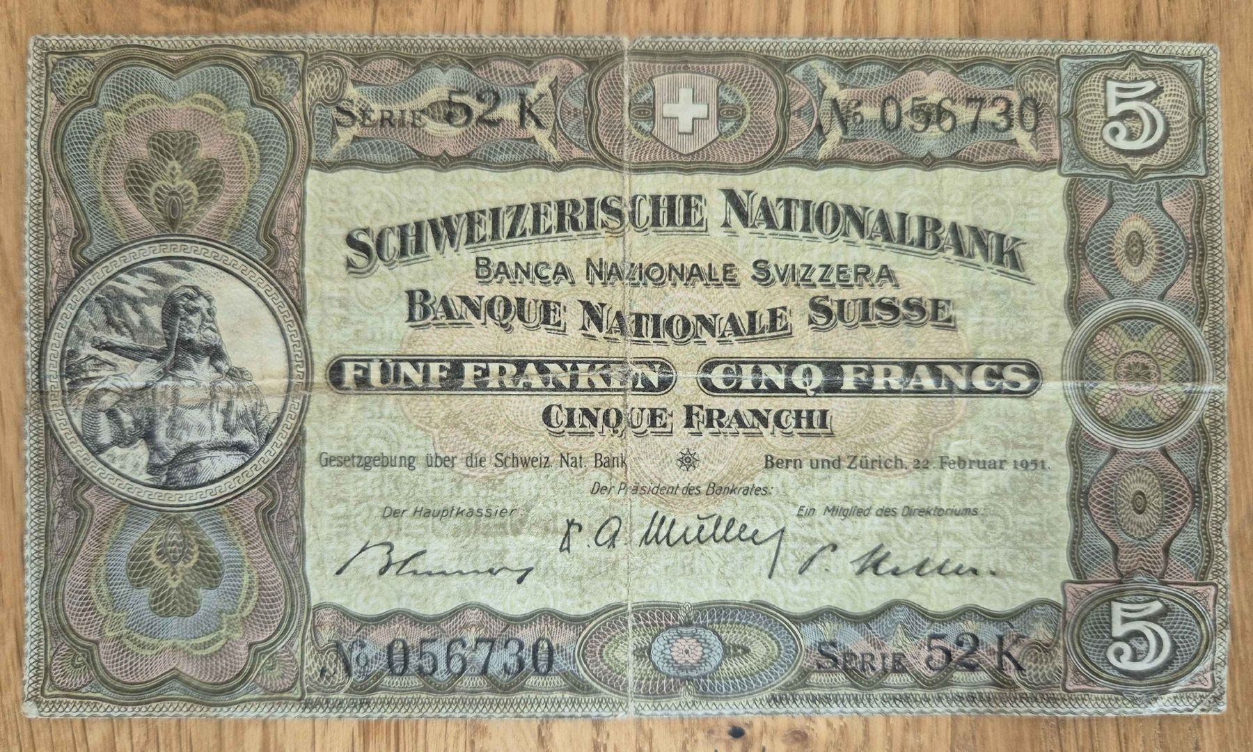 Banconote: Schweizer 5 Franken Noten 1951 Serie 52K – Usato da Baetterkinden venduto da Funman