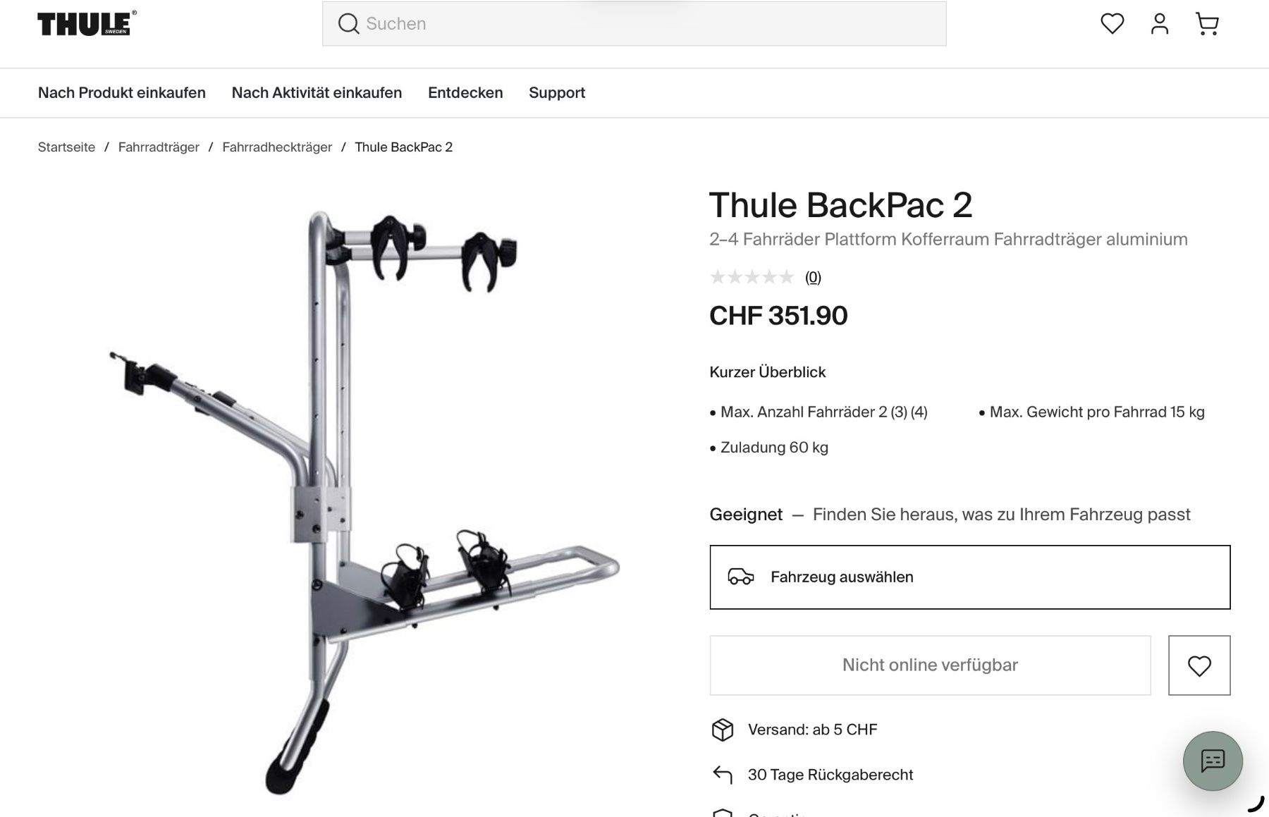 Thule Supporti per biciclette: Fahrradträger Thule BackPac 2 – Usato da Bremgarten b. Bern venduto da moppit 2