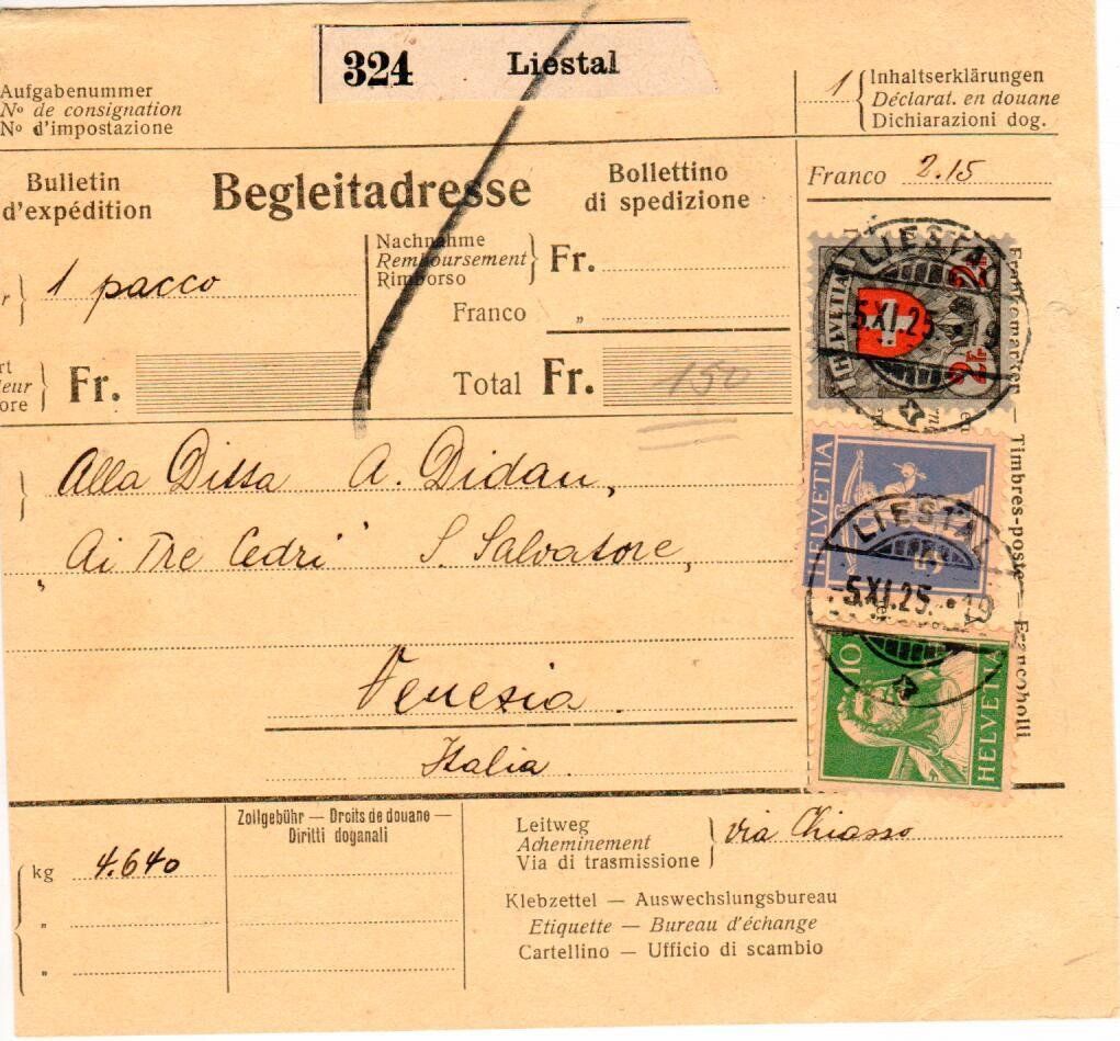 Tutti i francobolli: Begleitadresse Liestal - Venezia 1925 – Usato da Wolhusen venduto da Curver9