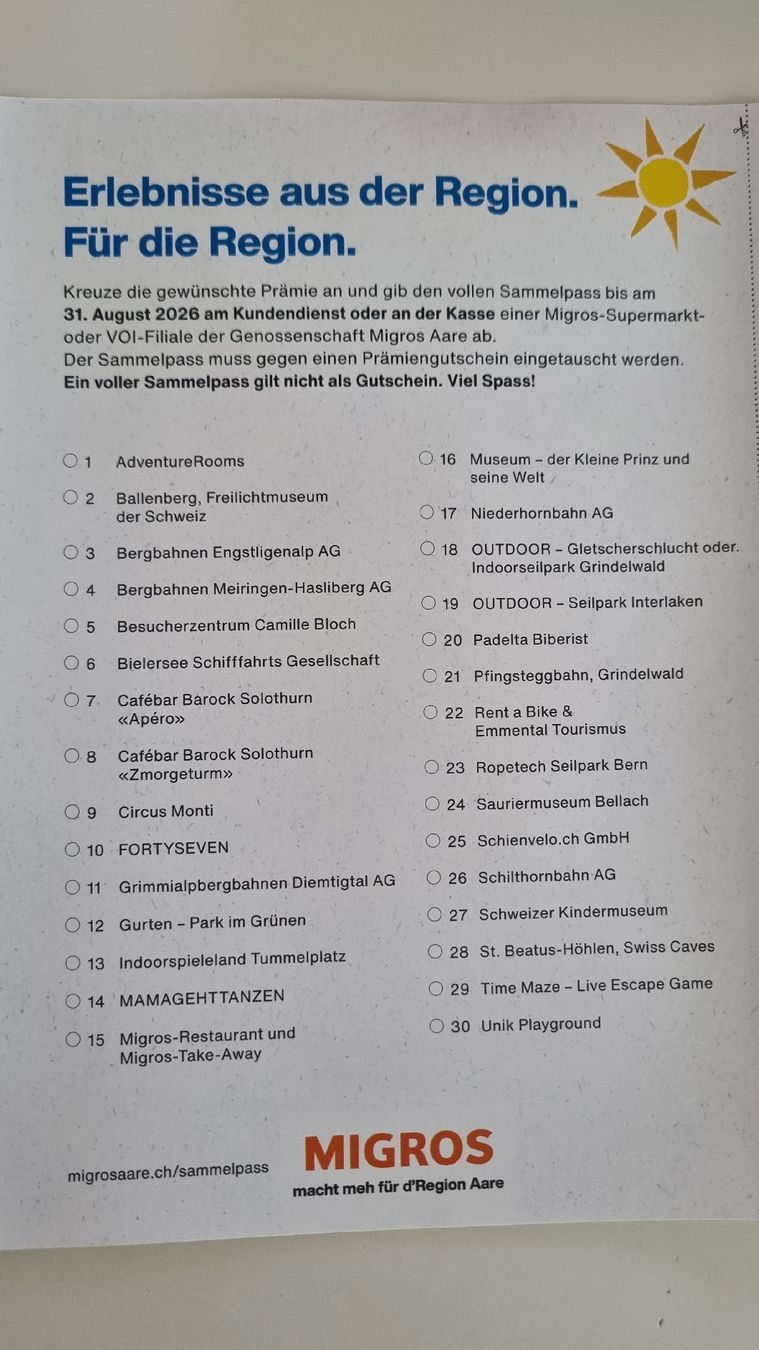 Migros Timbres & points: Migros Aare Sammelpass  – Neuf (Voir description) à Tägertschi par Fank111 2