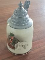Bierkrug Bierhumpen mit ZinnKappe Deckel Humpen bemalt Antik